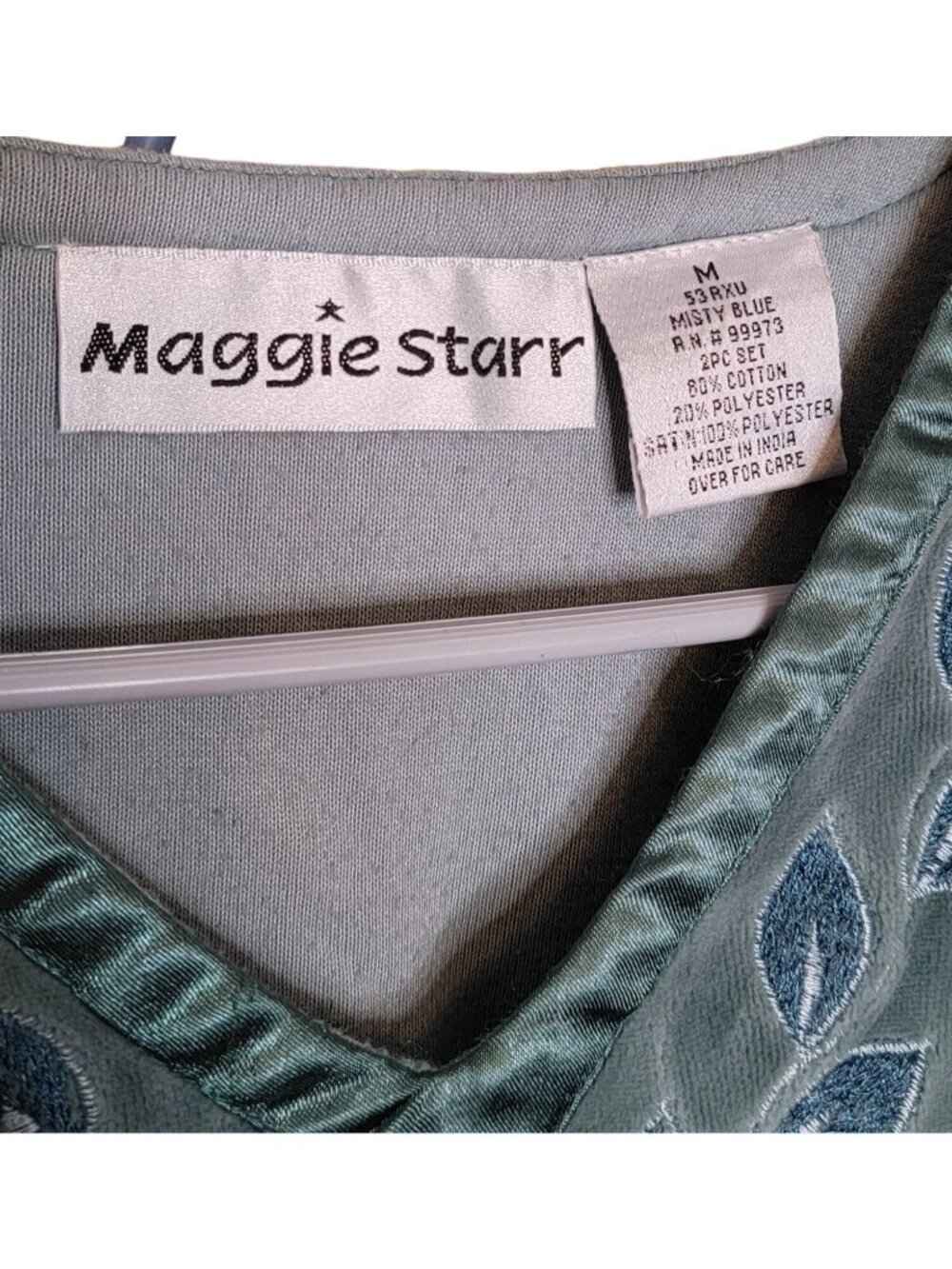 Vintage Maggie Starr Velour Pajama Set Medium Blue Satin Leaf Trim Loungewear - Picture 2 of 15